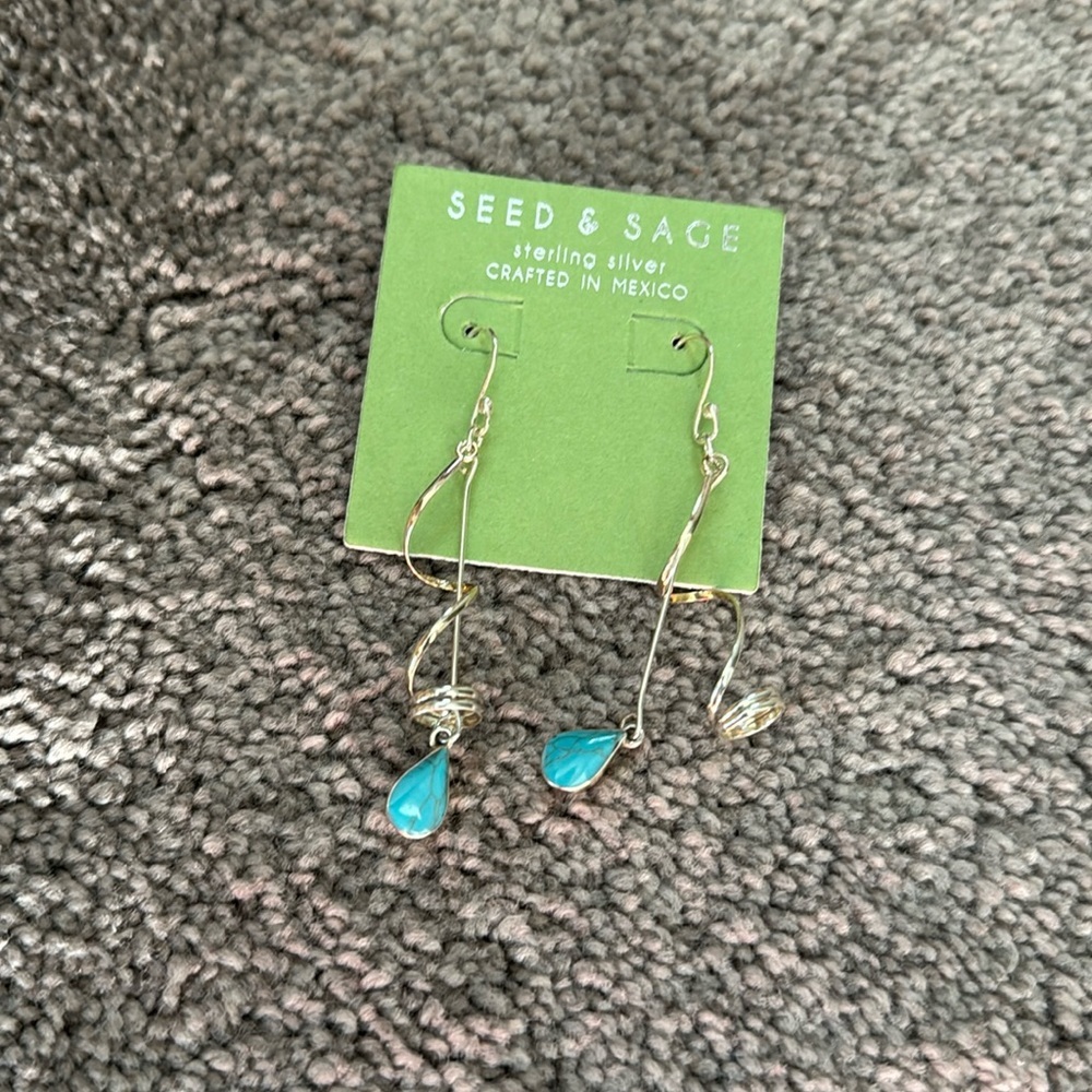 Seed & Sage Sterling Silver Turquoise Teardrop Dangle Earrings Handcrafted